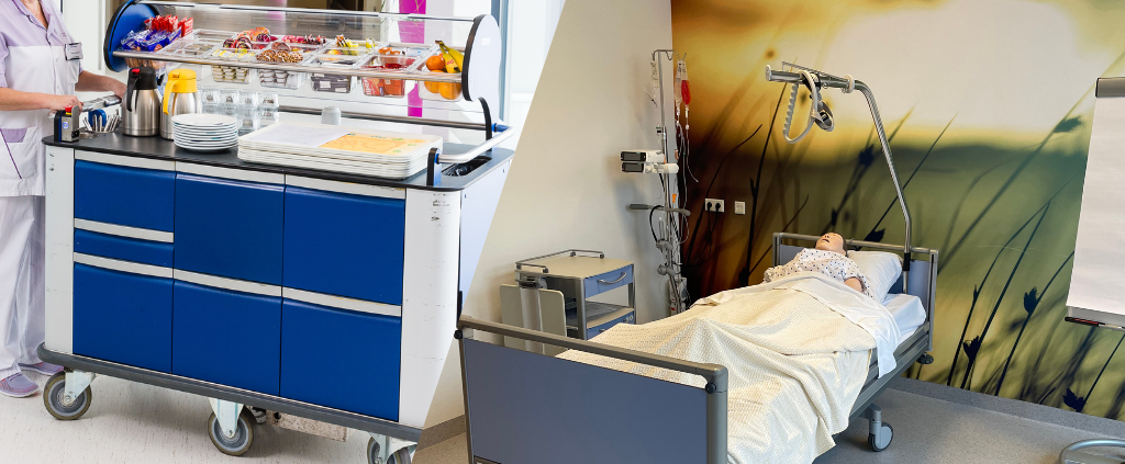 Links: Een maaltijdwagen om maaltijden naar patiënten te brengen in het ziekenhuis. Rechts: een leerplek in het ziekenhuis waar geoefend kan worden, zonder dat patiënten daar last van hebben.